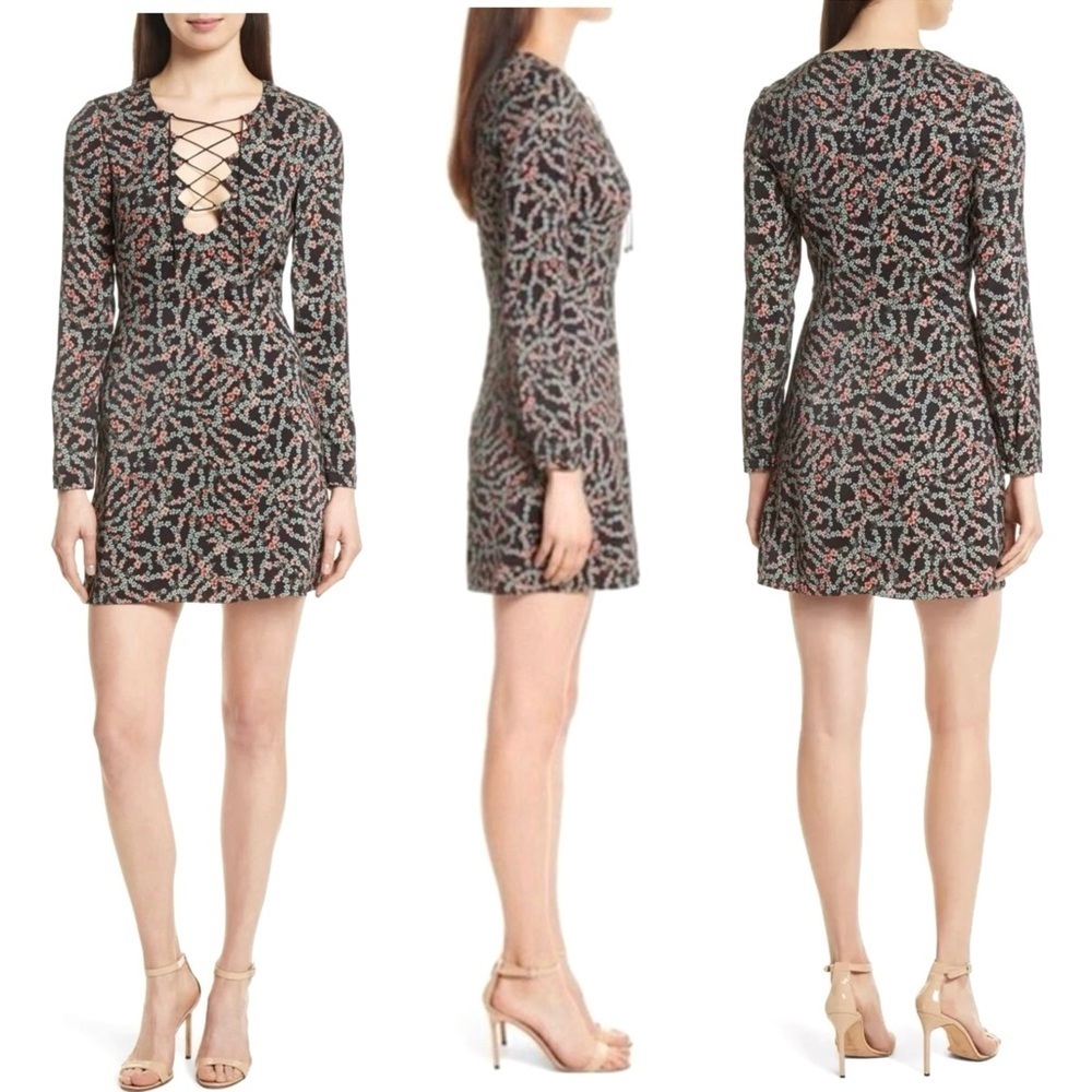 Saloni Nurul Floral Print lace-up V neck Long Sleeve Bodycon Mini Dress Size 6